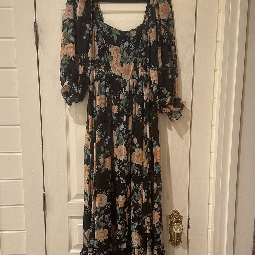 Pink Blush Floral Chiffon Square Neck 3/4 Ruffle Sleeve Maternity Maxi Dress